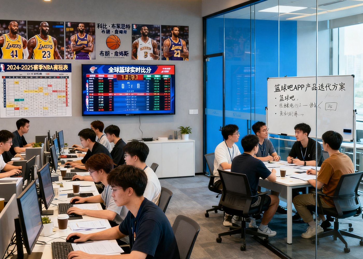 篮球吧深圳总部办公室内，30人的年轻团队正在开放式办公区工作，墙上贴着NBA球星海报和赛程表，大屏幕上实时滚动全球比分数据，会议室里正在讨论产品迭代方案