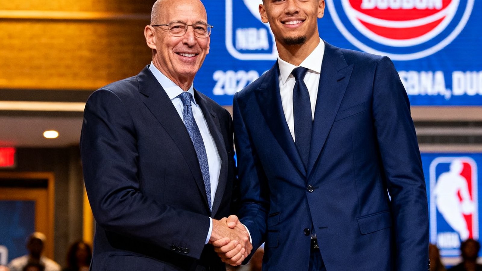 2025年NBA选秀大会在纽约巴克莱中心举行，来自法国的新星亚历山大·杜邦被底特律活塞用状元签选中，他身穿深蓝色西装与NBA总裁亚当·萧华握手合影